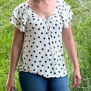 B&W Polka Dot Flutter-Sleeve Blouse, Ann Taylor, Sz Medium